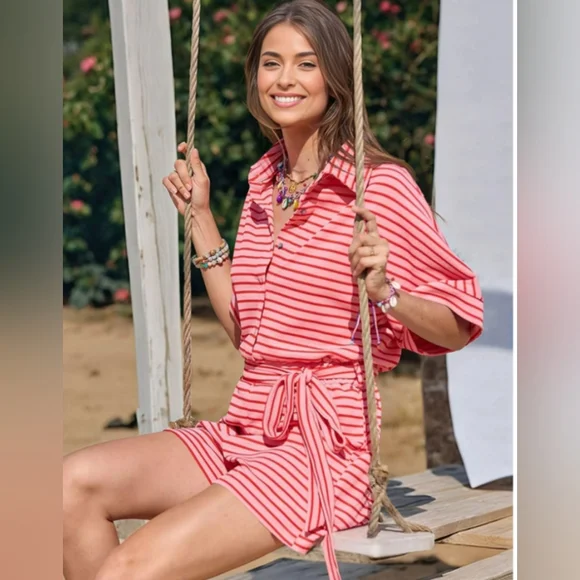 Entro Knit Striped Button-Up Romper With Pockets! Women's Size Small NWOT - Picture 2 of 5